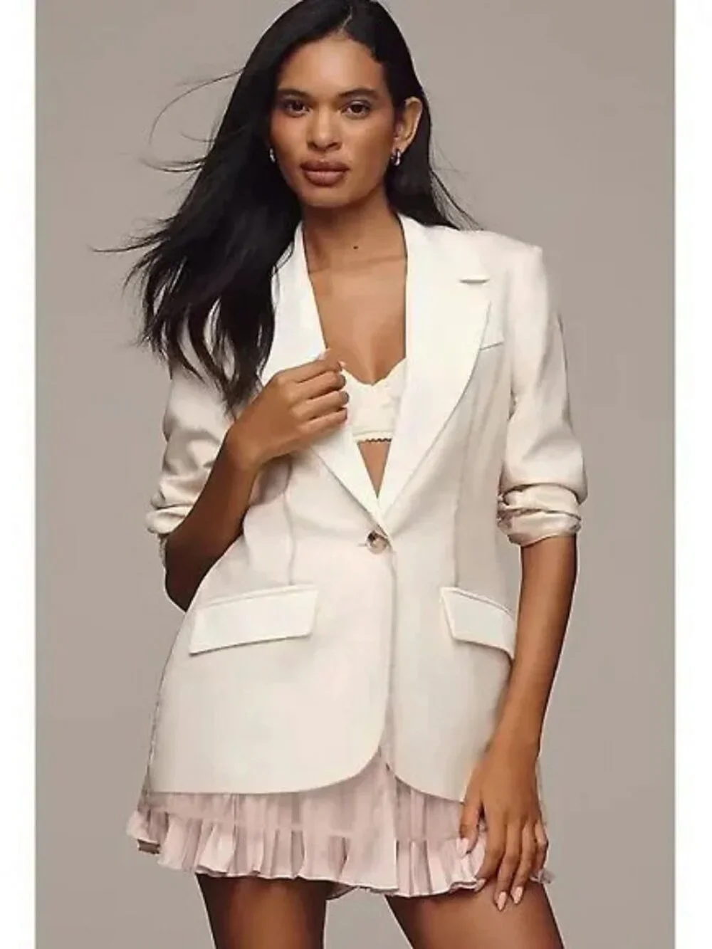 New Avec Les Filles Organza Layered Blazer White Taupe XS - Picture 2 of 7